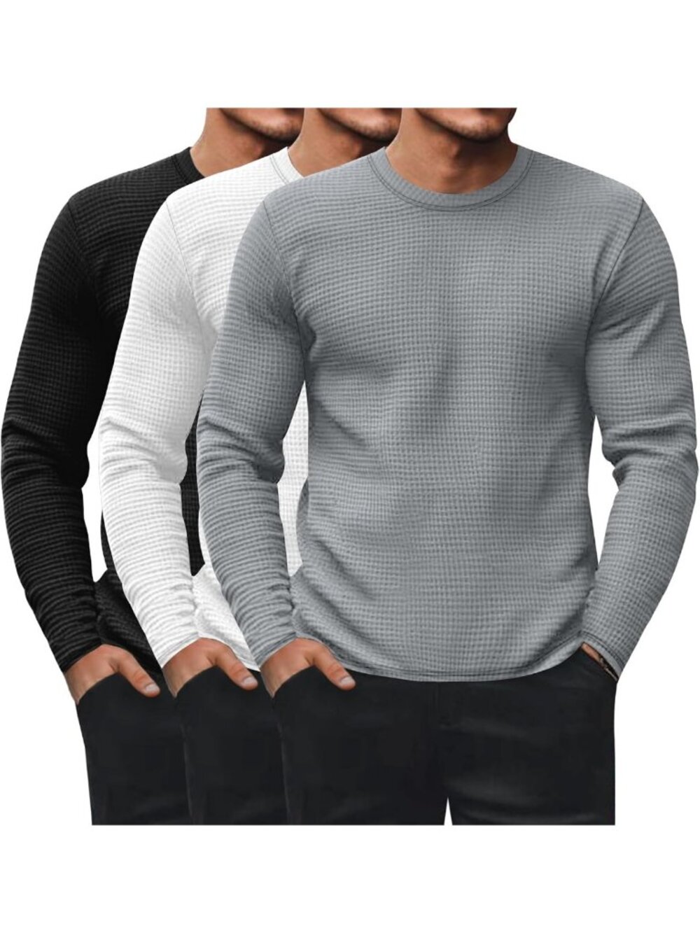 Men's 3 Pack Waffle Thermal Long Sleeve Crew Neck Shirts - Cozy & Stylish